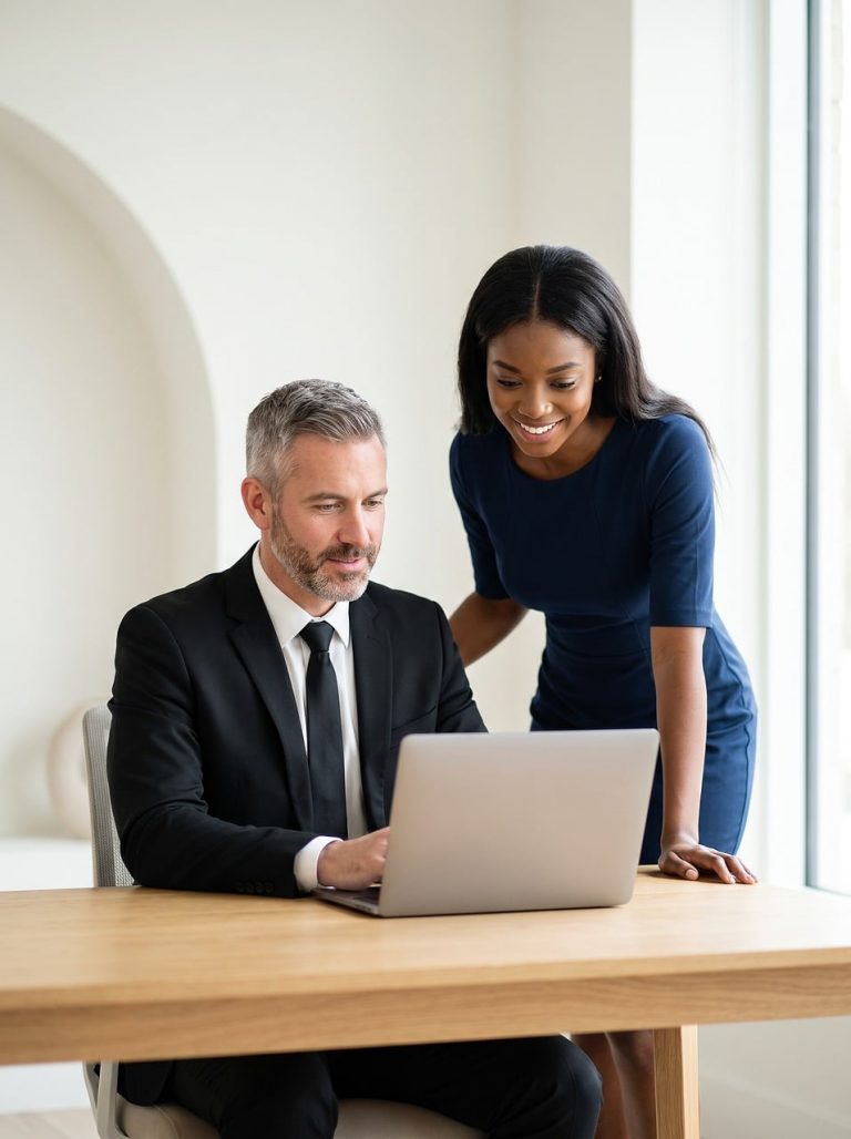 man, woman, office, computer, team, collaboration, technology, modern, productive, discussion, smiling, professional, business, leadership, positive, table, colleagues, partnership, man in suit, woman in dress